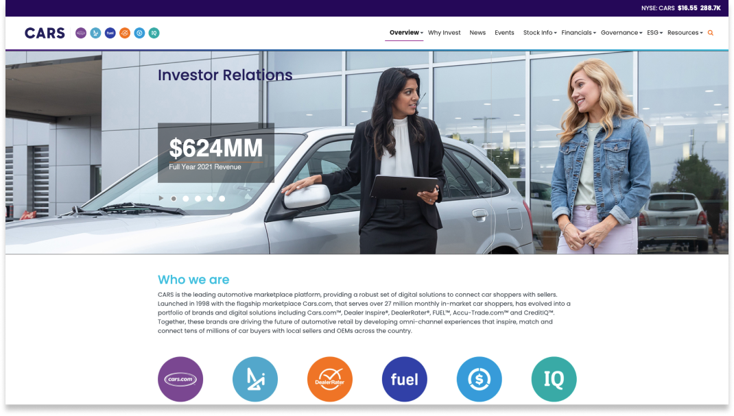 Top section of the Cars.com investor relations site.