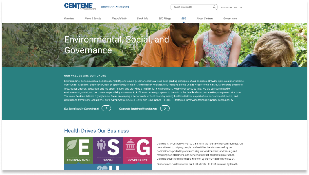 Top section of the Centene Environmental Social and Governance site.
