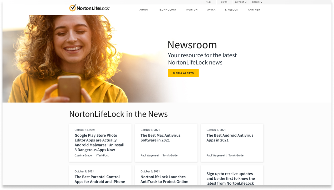 Top section of a NortonLifeLock news room site design.